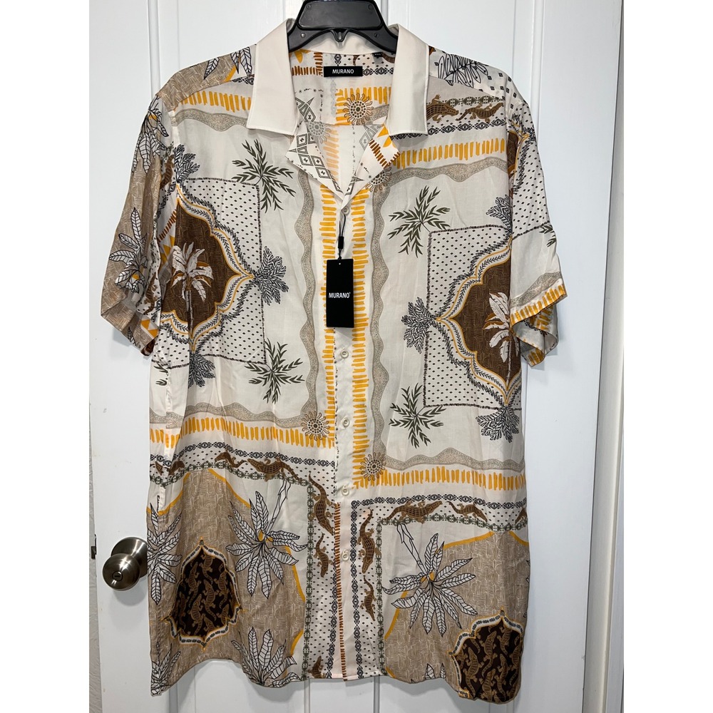 NWT Murano Mens 2XT Short Sleeve Batik Tropical Palm Print Lyocell Linen Shirt